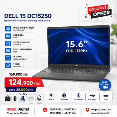 Laptop Dell 15 DC15250 | Intel Core 3 100U Processor | Ram 8GB DDR4 | Storage 512GB NVMe SSD | Intel Integrated VGA | Display 15.6 inch FHD 120Hz | Color Dark Grey | 1 Year Warranty
