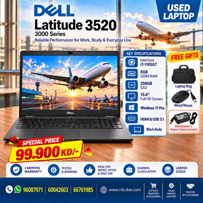 Used Laptop Dell Latitude 3520 | Intel Core i7-11th Generation | 8GB RAM | Storage 256 SSD NVMe | 15.6" Display | OS W11 Pro | 3 Months Warranty