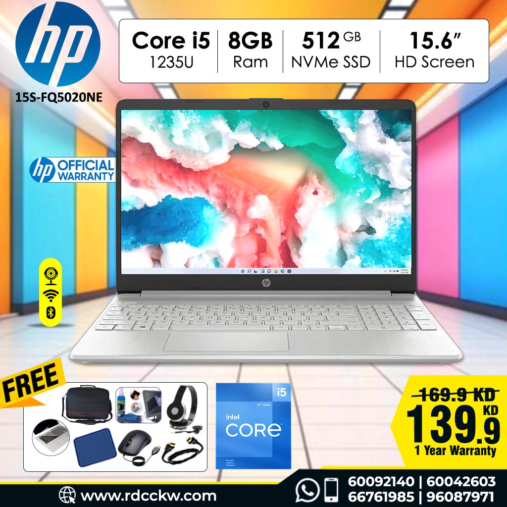 Laptop HP 15S-FQ5020NE | Intel Core i5-1235U Processor 12th Generation | 8GB Ram DDR4 | Storage 512GB NVMe SSD | Intel Integrated VGA | Display 15.6 High Definition |  Snow White | Dos - No Windows | 1 Year warranty