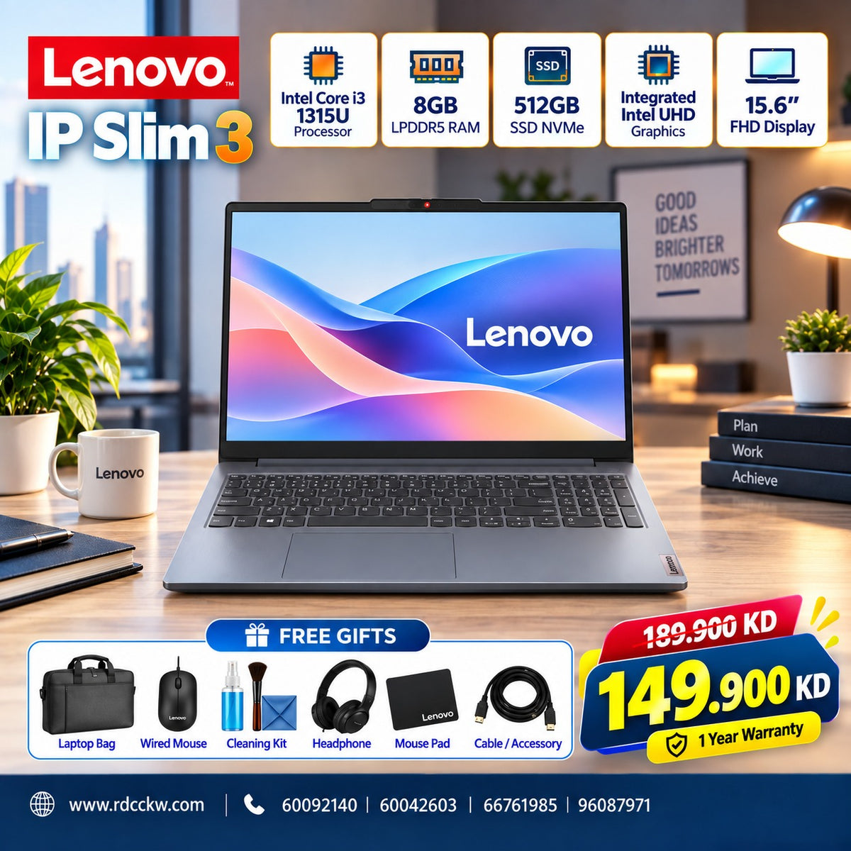 Lenovo IdeaPad Slim 3 Gen 8 | Intel Core i3-1315U Processor  | 8GB RAM | Storage 512GB (NVMe M.2 SSD) | Display 15.6 FHD |  English/Arabic / Arctic Grey | 1 Year Warranty
