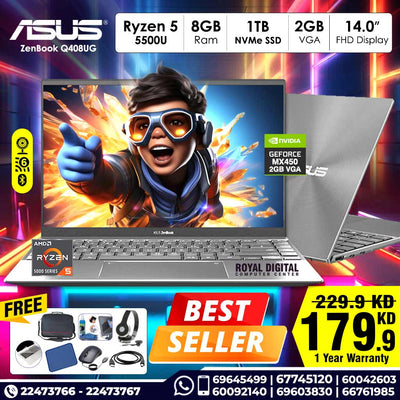 أسوس زين بوك رايزن 5 رام 8 جيجا بايت SSD 1 تيرا بايت NVMe Nvidia 2 جيجا بايت VGA 14 بوصة FHD