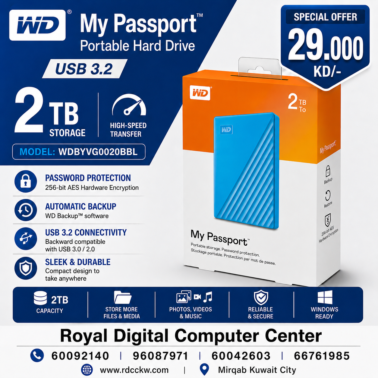 WD My Passport 2TB Portable External Hard Drive USB 3.2 – Black (WDBYVG0020BBL)