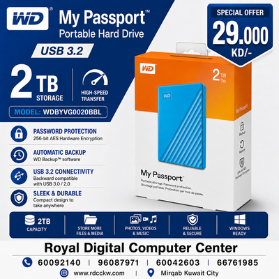 WD My Passport 2TB Portable External Hard Drive USB 3.2 – Black (WDBYVG0020BBL)