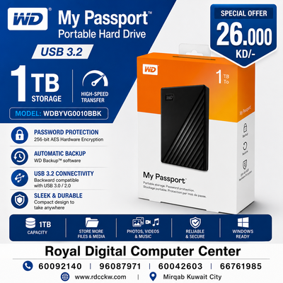 WD My Passport 1 TB Portable Hard Drive USB 3.2 WDBYVG0010BBK-Black