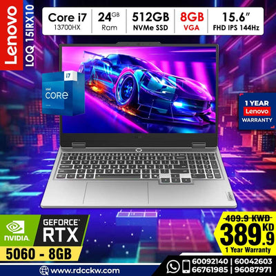 Gaming Laptop Lenovo LOQ 15IRX10 | Intel Core i7-13700HX Processor | Ram 24GB DDR5 | Storage 512GB SSD NVMe | NVIDIA RTX5060 8GB | Display 15.6FHD IPS 144Hz | Color Luna Grey | 1 Year Warranty