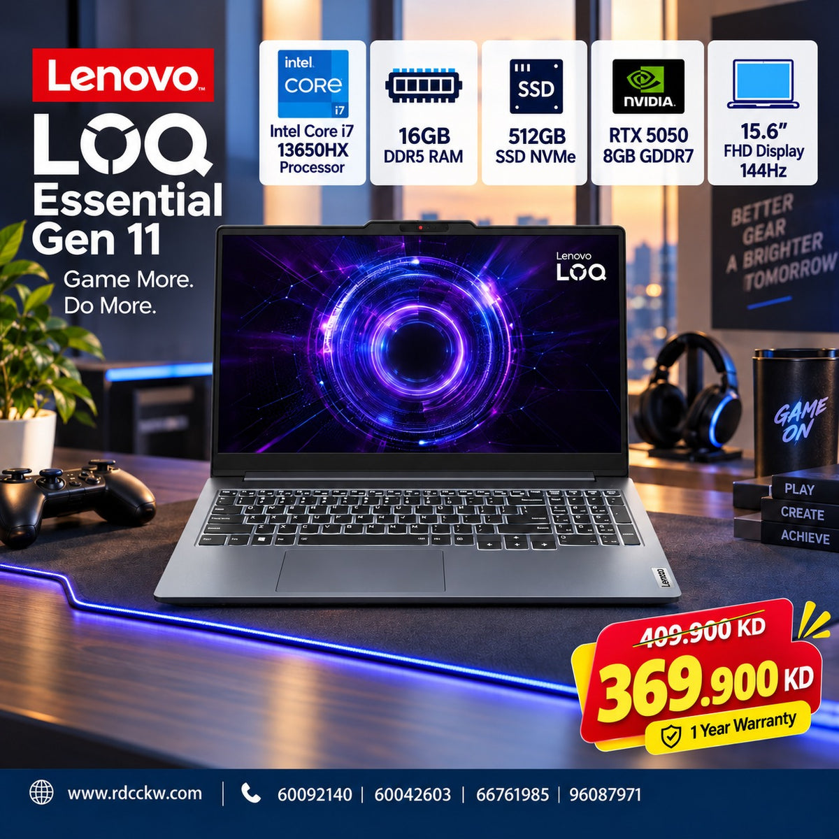 Gaming Laptop Lenovo LOQ  | Intel i7 - 13650HX  Processor | Ram 16GB DDR5 | Storage 512GB NVMe | RTX 5050 8GB VGA | Display 15.6" FHD | 1 Year Warranty