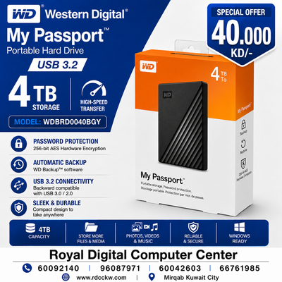 WD My Passport 4TB Portable Hard Drive USB 3.2 WDBRD0040BGY-WESN Black