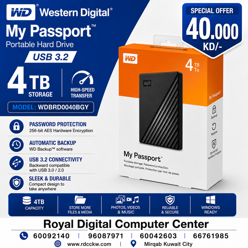 WD My Passport 4TB Portable Hard Drive USB 3.2 WDBRD0040BGY-WESN Black