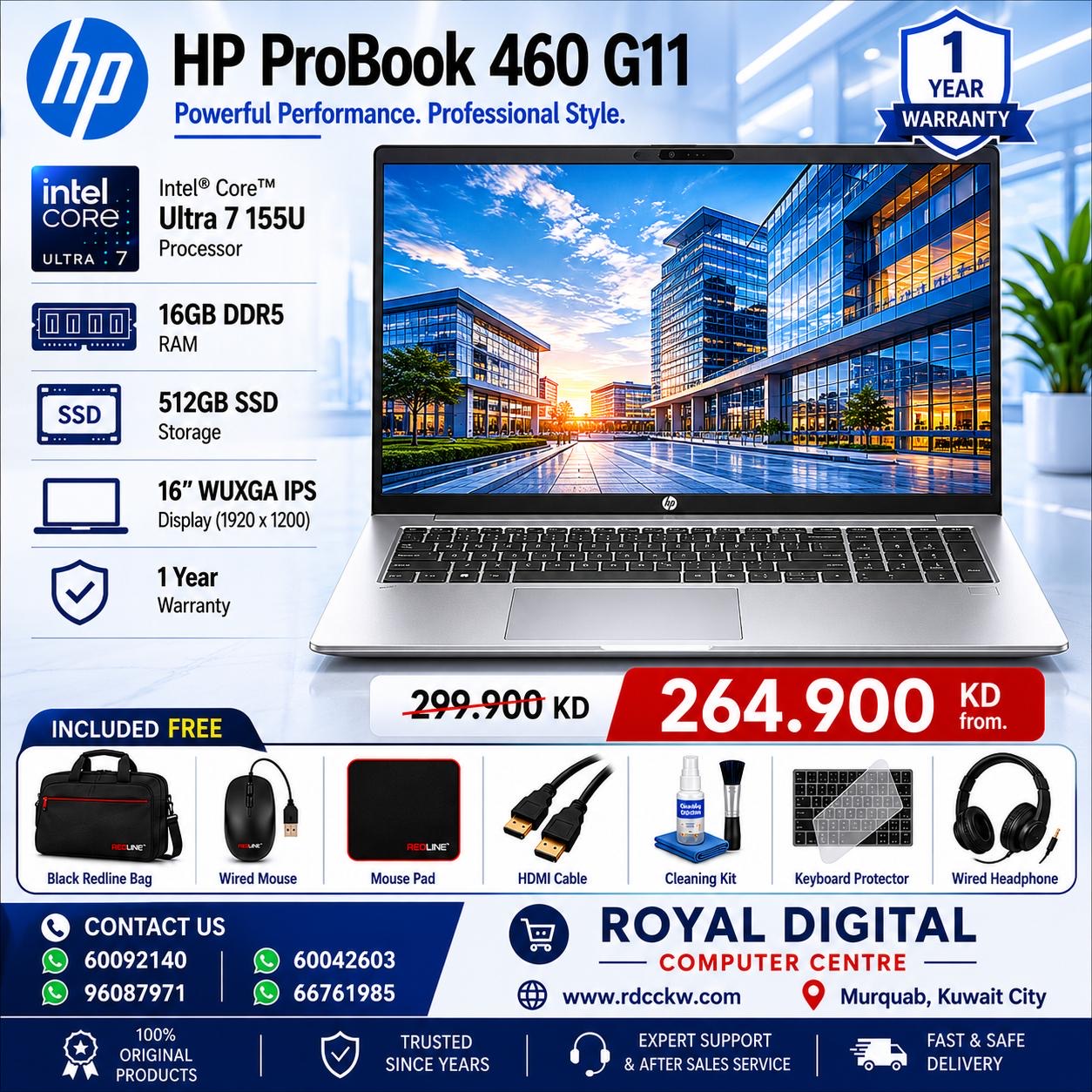 HP ProBook 460 G11، مقاس 16 بوصة، معالج Intel® Core™ Ultra 7، ذاكرة وصول عشوائي (DDR5) سعة 16 جيجابايت، قرص SSD NVMe سعة 512 جيجابايت، شاشة WUXGA بدقة 16 بوصة 