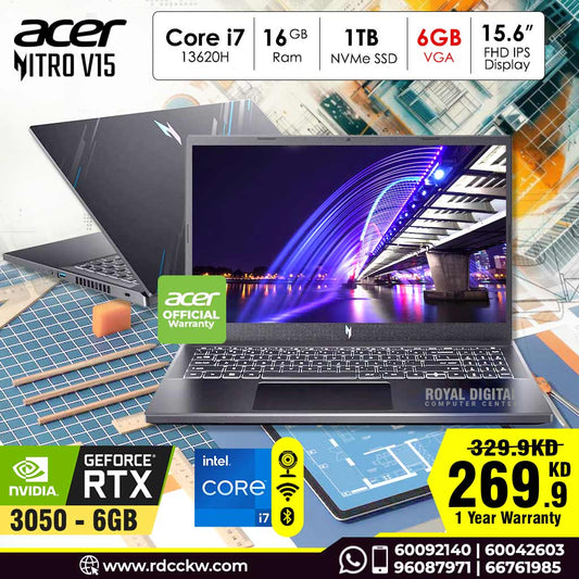 Gaming Laptop Acer Nitro V15 Core i7 -13620H | 16GB RAM | 1TB SSD | Nvidia RTX3050 6GB VGA | 15.6inch FHD 144Hz