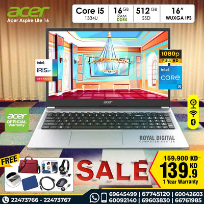 Acer Aspire Lite 16 | Intel Core i5 1334U / 16 جيجابايت DDR5 / 512 جيجابايت / 16 بوصة / ضمان لمدة عام