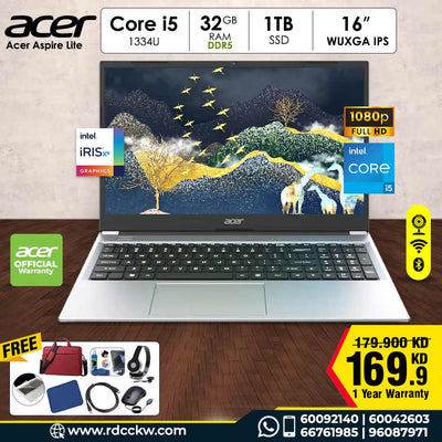 لابتوب أيسر أسباير لايت | معالج إنتل كور i5-1334U | ذاكرة وصول عشوائي (RAM) سعة 32 جيجابايت DDR5 | قرص تخزين SSD NVMe سعة 1 تيرابايت | معالج رسومات إنتل فائق الوضوح | شاشة IPS WUXGA مقاس 16 بوصة | فضي فاتح | نظام تشغيل DOS | ضمان لمدة عام 