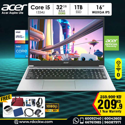 لابتوب أيسر أسباير لايت | معالج إنتل كور i5-1334U | ذاكرة وصول عشوائي (RAM) سعة 32 جيجابايت DDR5 | قرص تخزين SSD NVMe سعة 1 تيرابايت | معالج رسومات إنتل فائق الوضوح | شاشة IPS WUXGA مقاس 16 بوصة | فضي فاتح | نظام تشغيل DOS | ضمان لمدة عام 