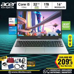 لابتوب أيسر أسباير لايت | معالج إنتل كور i5-1334U | ذاكرة وصول عشوائي (RAM) سعة 32 جيجابايت DDR5 | قرص تخزين SSD NVMe سعة 1 تيرابايت | معالج رسومات إنتل فائق الوضوح | شاشة IPS WUXGA مقاس 16 بوصة | فضي فاتح | نظام تشغيل DOS | ضمان لمدة عام 