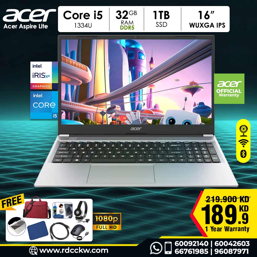Acer Aspire Lite Laptop, Core i5-1334U, 32GB , 1TB , 16″ WUXGA, Silver, DOS, 1 Year
