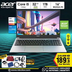 Acer Aspire Lite Laptop, Core i5-1334U, 32GB , 1TB , 16″ WUXGA, Silver, DOS, 1 Year