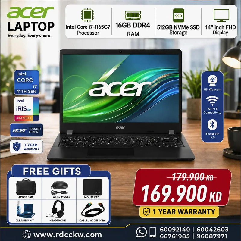 Laptop Acer TravelMate P2 TMP214-53 | Intel Core i7-1165G7 Processor | Ram 16GB DDR4 | Storage 512GB SSD NVMe | Intel Graphics | Display 14