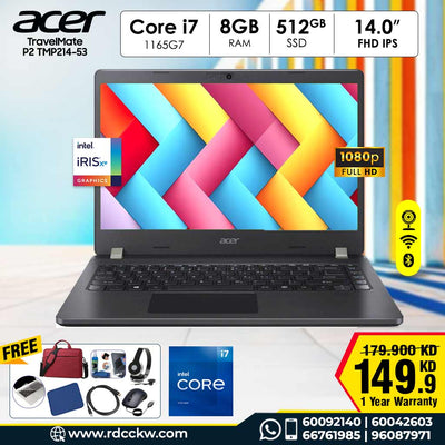 Laptop Acer TravelMate P2 TMP214-53 | Intel Core i7-1165G7 Processor | 8GB RAM DDR4 | Storage 512GB SSD | Display 14 Inches FDH | Intel Irish Xe Graphics | DOS | 1 Year Warranty