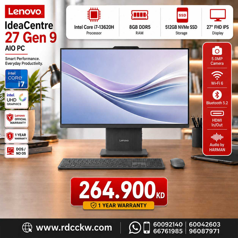 Lenovo IdeaCentre 27 Gen 9 AIO PC | Intel Core i7-13620H | 8GB RAM DDR5 | Storage 512GB (NVMe M.2 SSD) | Display 27