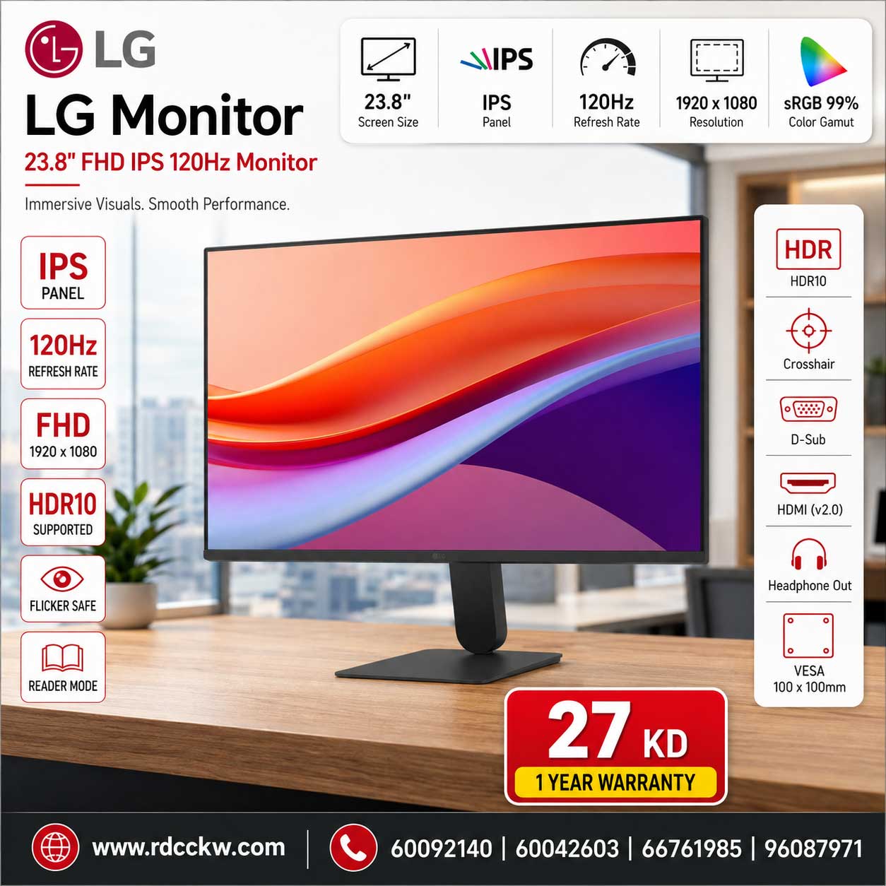 LG 24U411A-B Monitor, 24" IPS Display, FHD Resolution, 120Hz Refresh Rate, 1ms (MBR) Response Time, Motion Blur Reduction Technology, Dynamic Action Sync, Slim Stand, Black | 24U411A-B.AMAQ