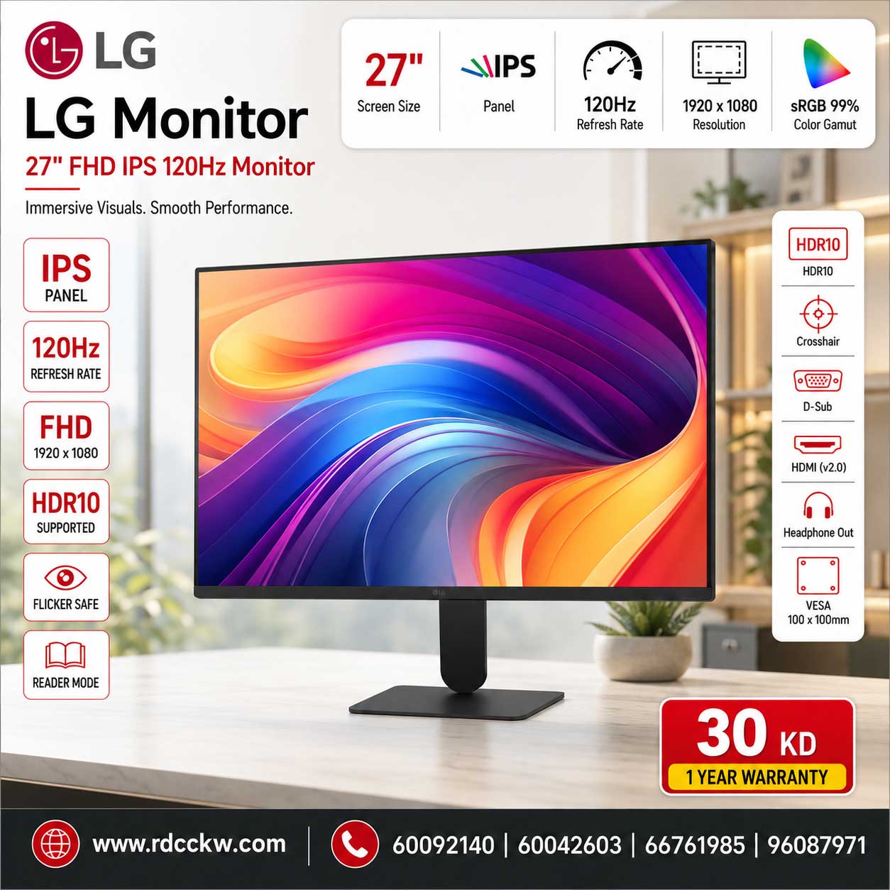 LG 27U411A-B 27-inch Full HD (1920 x 1080) IPS Computer Monitor, 120Hz, HDR10, Reader Mode, Flicker Safe, HDMI, Slim Stand Base, Black