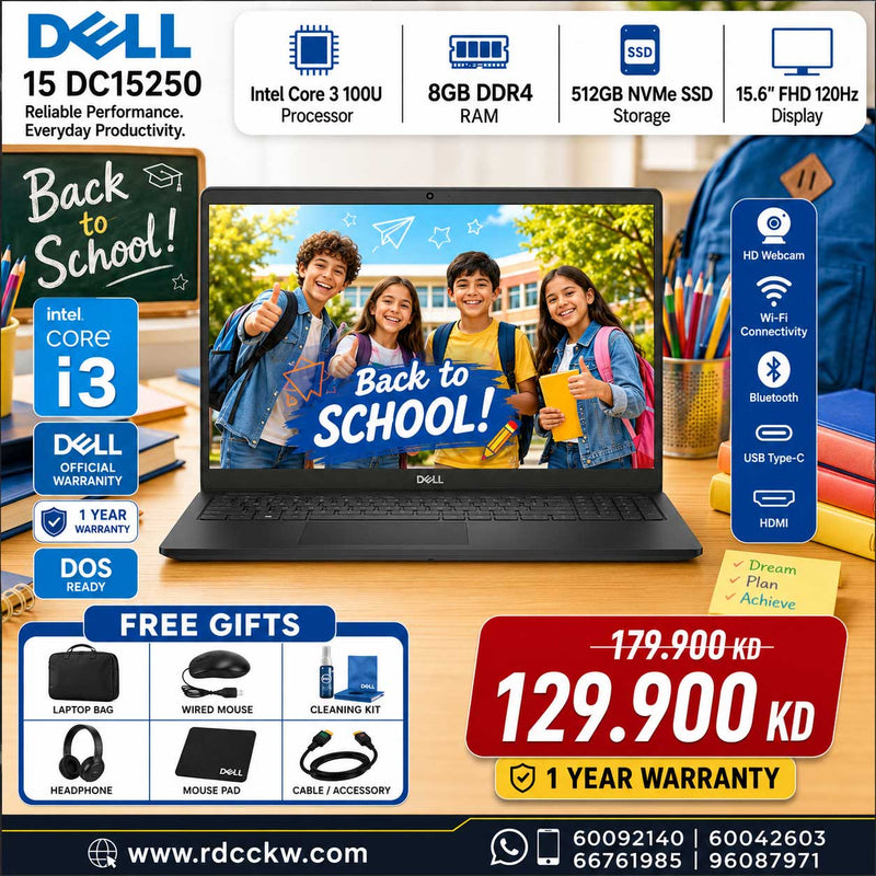 Laptop Dell 15 DC15250 | Intel Core 3 100U Processor | Ram 8GB DDR4 | Storage 512GB NVMe SSD | Intel Integrated VGA | Display 15.6 inch FHD 120Hz | Color Dark Grey | 1 Year Warranty