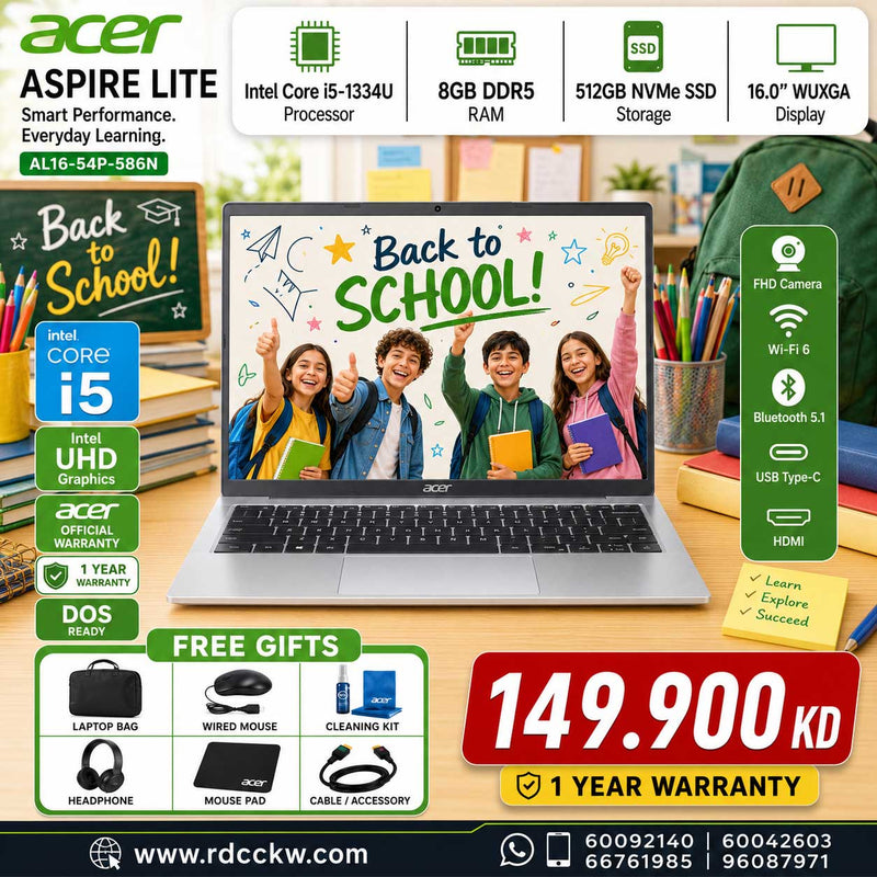 Laptop Acer Aspire Lite | Intel Core i5-1334U Processor | Ram 8GB DDR5 | Storage 512GB NVMe SSD | Display 16