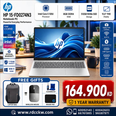 Laptop HP 15-FD0274N3 | Core 5 120U Processor | 8GB RAM | Storagr 512 NVMe M.2 SSD | Color Natural Silver | Windows 11 Home | 1 Year Warranty