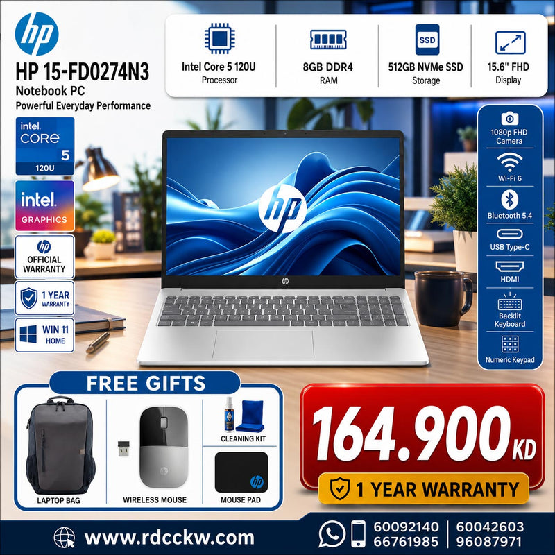 Laptop HP 15-FD0274N3 | Core 5 120U Processor | 8GB RAM | Storagr 512 NVMe M.2 SSD | Color Natural Silver | Windows 11 Home | 1 Year Warranty