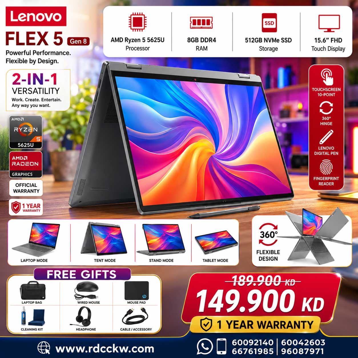 Laptop Lenovo IdeaPad Flex 5 Gen 8 | AMD Ryzen 5 | 8GB | 512GB (NVMe M.2 SSD) | 14.0" WUXGA Multi-Touch | Win 11 Home | 1 Year Warranty  | Arctic Grey