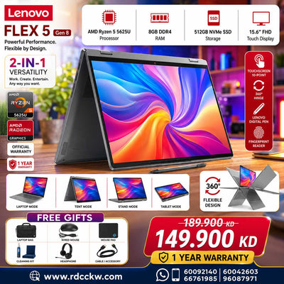 Laptop Lenovo IdeaPad Flex 5 Gen 8 | AMD Ryzen 5 | 8GB | 512GB (NVMe M.2 SSD) | 14.0" WUXGA Multi-Touch | Win 11 Home | 1 Year Warranty  | Arctic Grey