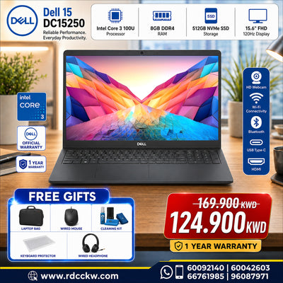 Laptop Dell 15 DC15250 | Intel Core 3 100U Processor | Ram 8GB DDR4 | Storage 512GB NVMe SSD | Intel Integrated VGA | Display 15.6 inch FHD 120Hz | Color Dark Grey | 1 Year Warranty