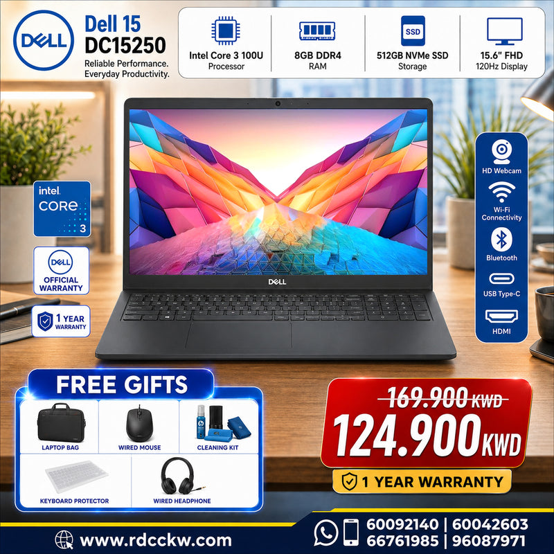 Laptop Dell 15 DC15250 | Intel Core 3 100U Processor | Ram 8GB DDR4 | Storage 512GB NVMe SSD | Intel Integrated VGA | Display 15.6 inch FHD 120Hz | Color Dark Grey | 1 Year Warranty