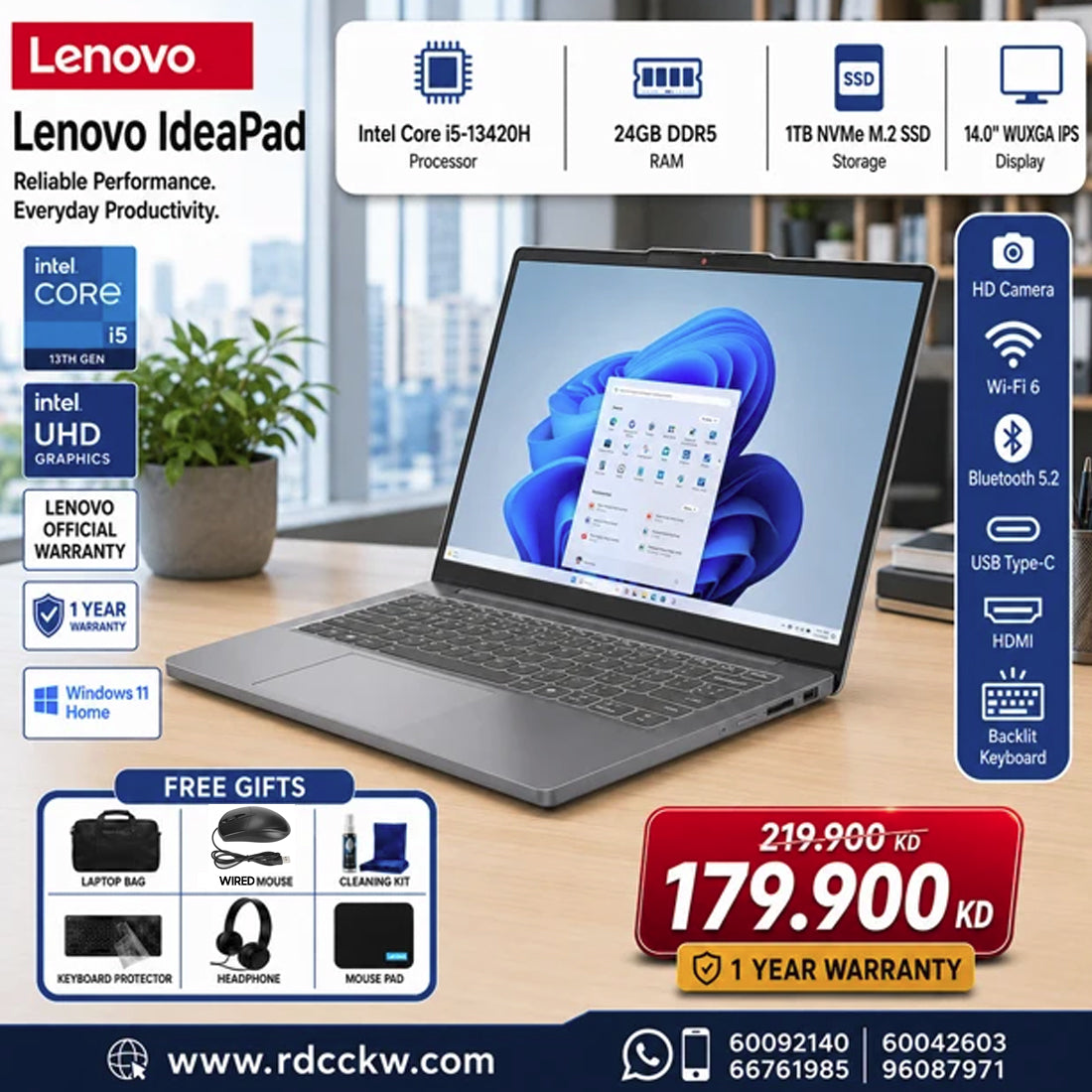 Laptop Lenovo IdeaPad Slim 3 | Intel Core i5-13420H Processor | Ram 24GB DDR5 | Storage 1TB SSD NVMe | Display 14"WUXGA IPS | OS  Windows 11 Home |  Color Artic Arey | 1 Year Warranty
