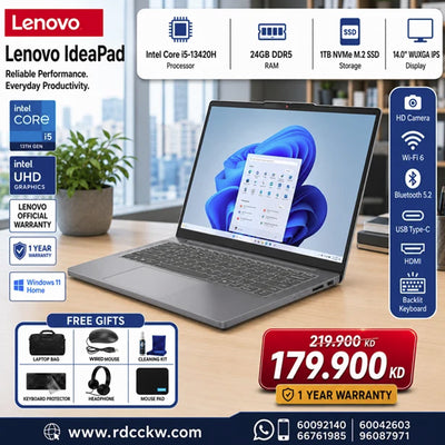 لابتوب لينوفو آيديا باد سليم 3 | 14IRH10 | معالج إنتل كور i5-13420H | ذاكرة وصول عشوائي (RAM) سعة 24 جيجابايت | قرص صلب SSD NVMe سعة 1 تيرابايت | شاشة 14 بوصة بدقة WUXGA IPS | رسومات إنتل فائقة الوضوح | ويندوز 11 هوم | ضمان لمدة عام 