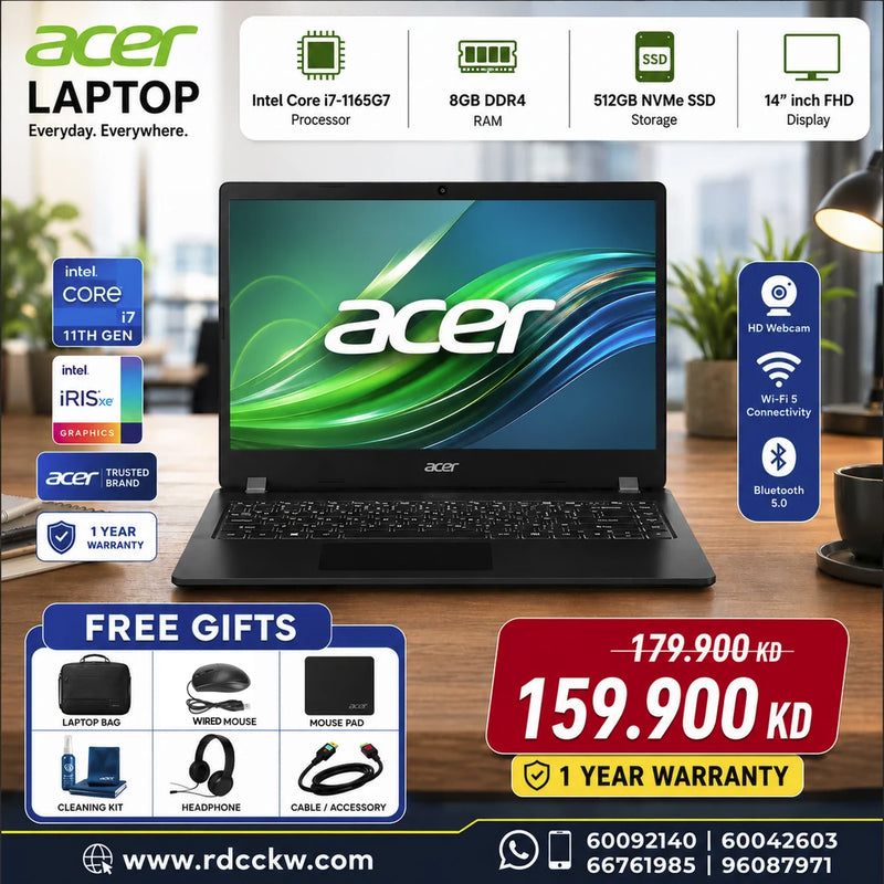 Laptop Acer TravelMate P2 TMP214-53 | Intel Core i7-1165G7 Processor | Ram 8GB DDR4 | Storage 512GB SSD NVMe | Intel Graphics | Display 14