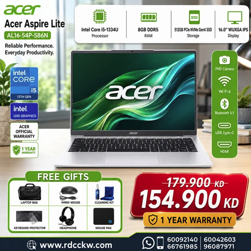 Laptop Acer Aspire Lite | Intel Core i5-1334U Processor | Ram 8GB DDR5 | Storage 512GB NVMe SSD | Display 16