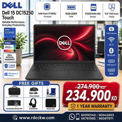 Dell 15 DC15250 Touch | Intel 1355U i7 |16GB | Storage 512GB SSD) | Intel Irish Xe | Display 15.6 FHD Touch | Win 11 Home | Color Black | 1YW - Laptop