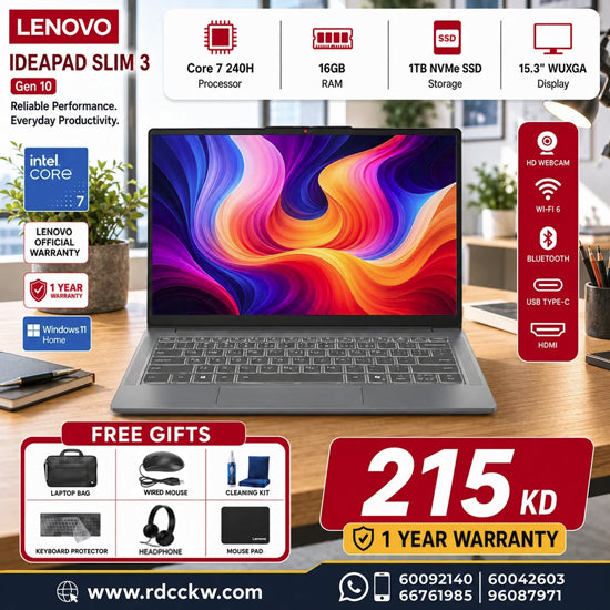 Laptop Lenovo IdeaPad Slim 3 Gen 10 | Intel Core 7 240H Processor | Ram 16GB DDR5 | Storage 1TB (NVMe M.2 SSD) | Win 11 Home | 1 Year Warranty | Eng/Arb Keyboard | Color Luna Grey | 1 Year Warranty