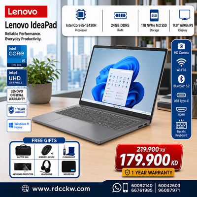 لابتوب لينوفو آيديا باد سليم 3 | 14IRH10 | معالج إنتل كور i5-13420H | ذاكرة وصول عشوائي (RAM) سعة 24 جيجابايت | قرص صلب SSD NVMe سعة 1 تيرابايت | شاشة 14 بوصة بدقة WUXGA IPS | رسومات إنتل فائقة الوضوح | ويندوز 11 هوم | ضمان لمدة عام 