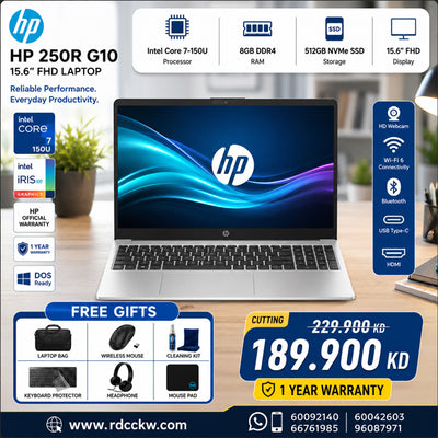 Laptop HP 250R G10 | Intel Core 7 150U Processor | 8GB DDR4 RAM | 512GB SSD NVMe | Integrated Intel Iris Xᵉ Graphics | Turbo Silver | 1 Year Warranty