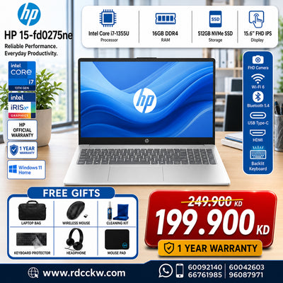 Laptop HP 15-fd0275ne | Intel® Core™ i7-1355U | 16GB RAM | Storage 512GB | Intel UHD VGA | Display 15.6 FHD | Windows 11 Home | Color Silver | 1 Year Warranty