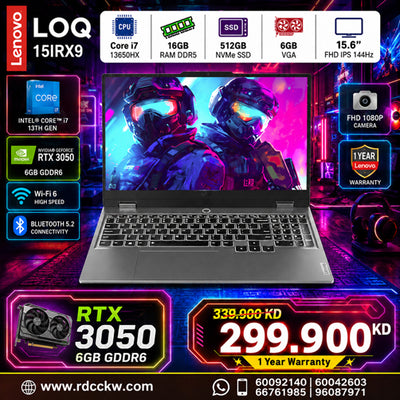 Gaming Laptop Lenovo Loq 15IRX9 | Intel Core i7-13650HX Processor | Ram 16GB DDR5 | Storage 512GB SSD NVMe |  NVIDIA GeForce RTX 3050 6GB | Display 5.6" FHD IPS 144Hz | Color Luna_Grey | 1 Year Warranty