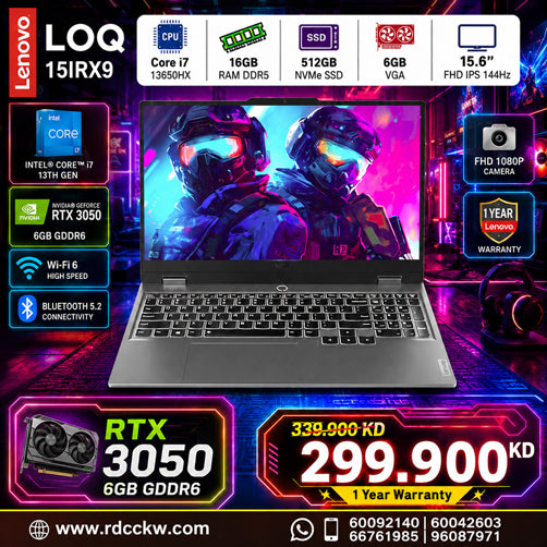 Gaming Laptop Lenovo Loq 15IRX9 | Intel Core i7-13650HX Processor | Ram 16GB DDR5 | Storage 512GB SSD NVMe |  NVIDIA GeForce RTX 3050 6GB | Display 5.6