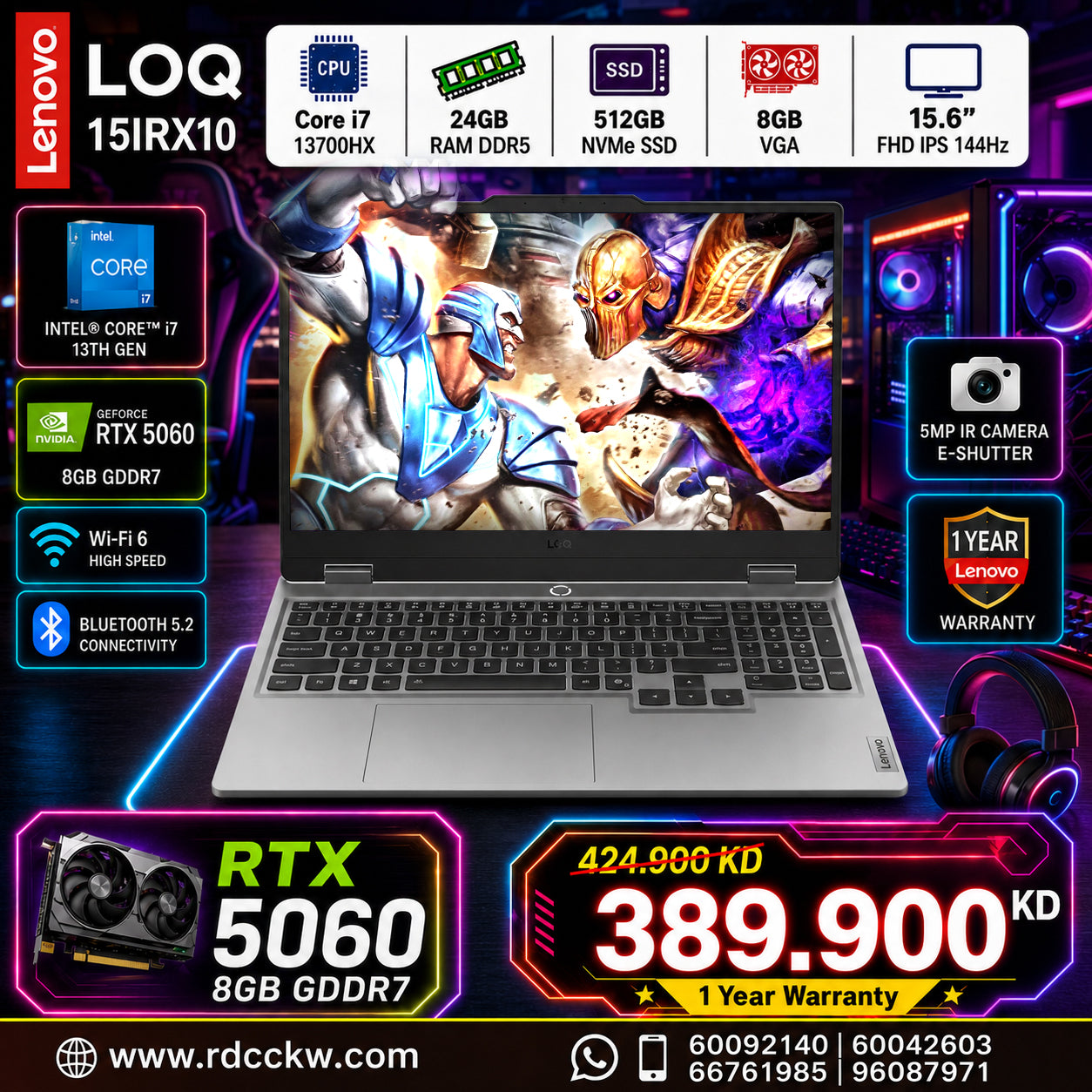 لابتوب ألعاب لينوفو LOQ 15IRX10 | معالج Intel Core i7-13700HX | ذاكرة وصول عشوائي (RAM) سعة 24 جيجابايت | قرص SSD سعة 512 جيجابايت | شاشة 15.6 بوصة عالية الدقة (FHD) بتردد 144 هرتز | بطاقة رسومات VGA سعة 8 جيجابايت (5060) 