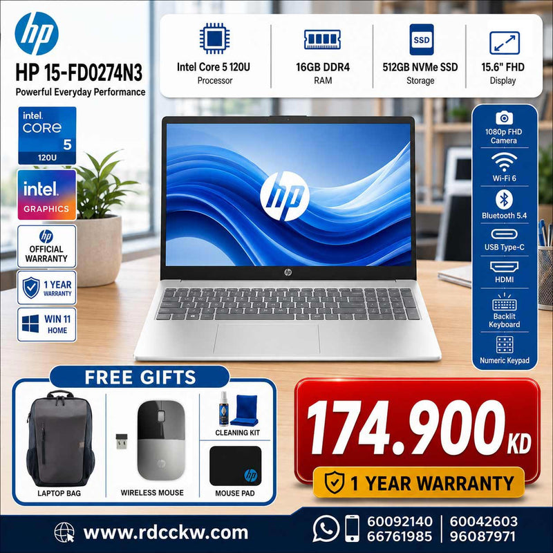 Laptop HP 15-FD0274N3 | Core 5 120U Processor | 16GB RAM | Storagr 512 NVMe M.2 SSD | Color Natural Silver | Windows 11 Home | 1 Year Warranty