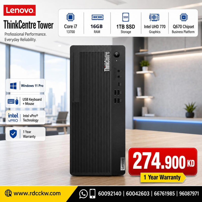 Lenovo ThinkCentre M70t Gen 4, Intel Core i7- 13700 vPro (E-cores up to 4.10GHz, 30MB),  16gb ram / 1tb ssd  Windows 11 Pro 64