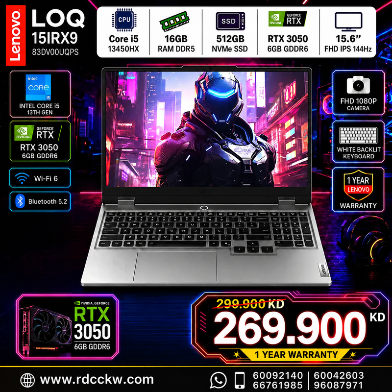 Lenovo Loq 15IRX9 Gaming Laptop | Intel Core i5-13450HX Processor | 24GB DDR5 RAM | 512GB NVMe SSD | RTX 3050 6GB VGA | 15.6