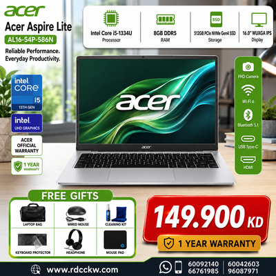 Laptop Acer Aspire Lite | Intel Core i5-1334U Processor | Ram 8GB DDR5 | Storage 512GB NVMe SSD | Display 16" IPS inch WUXGA | Intel UHD Graphics | Color Silver | 1 Year warranty