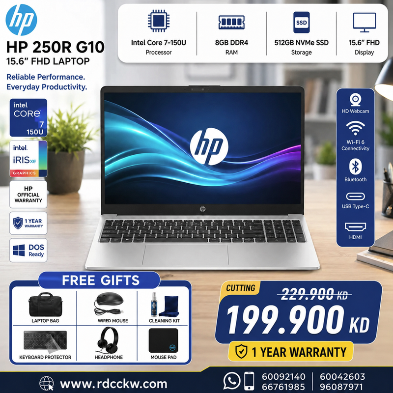 Laptop HP 250R G10 | Intel Core 7 150U Processor | 8GB DDR4 RAM | 512GB SSD NVMe | Integrated Intel Iris Xᵉ Graphics | Turbo Silver | 1 Year Warranty